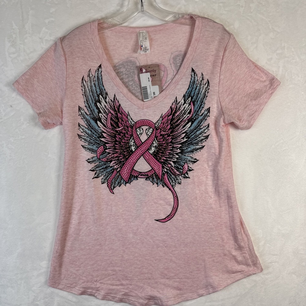 Liberty Wear T Shirt Womens Large Pink Eagle Wings Rhinestone Breast Cancer Tee